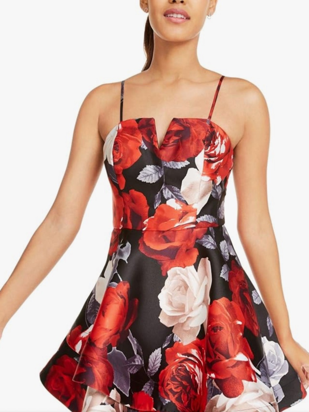 Trixxi Black Mini Dress with Red & Cream Floral Print